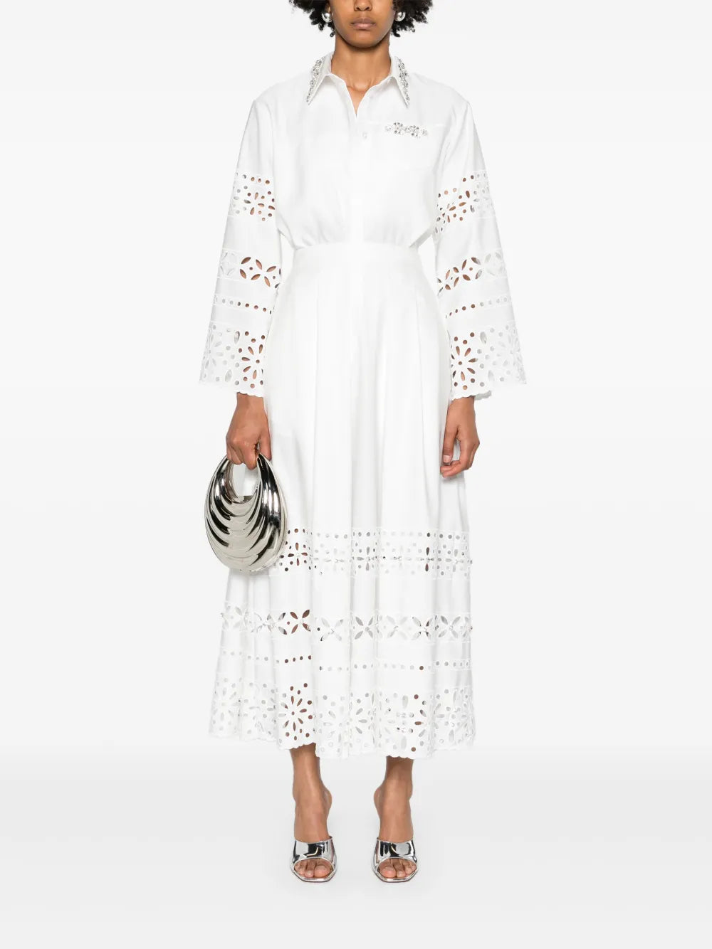 Broderie-Anglaise Pleated Midi Skirt