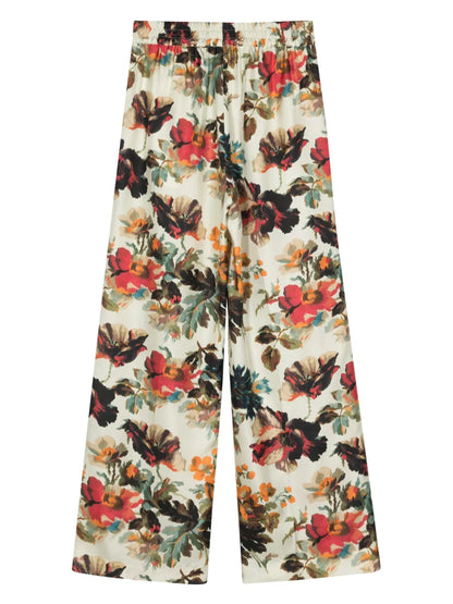 Floral Silk Straight Trousers