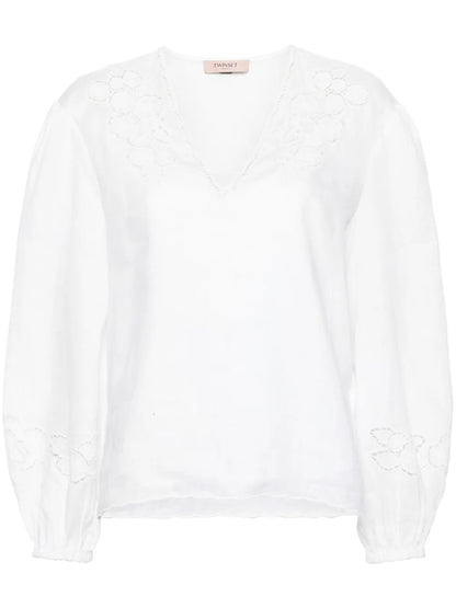 Floral-Embroidered Linen Blouse