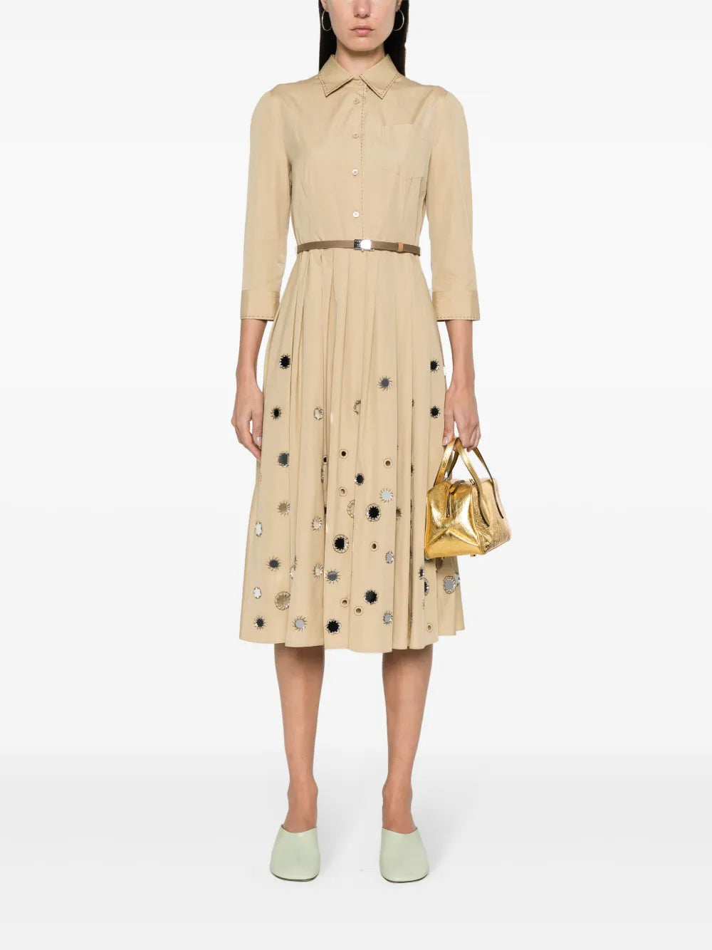 Mirror Embellished Belted Midi Dress