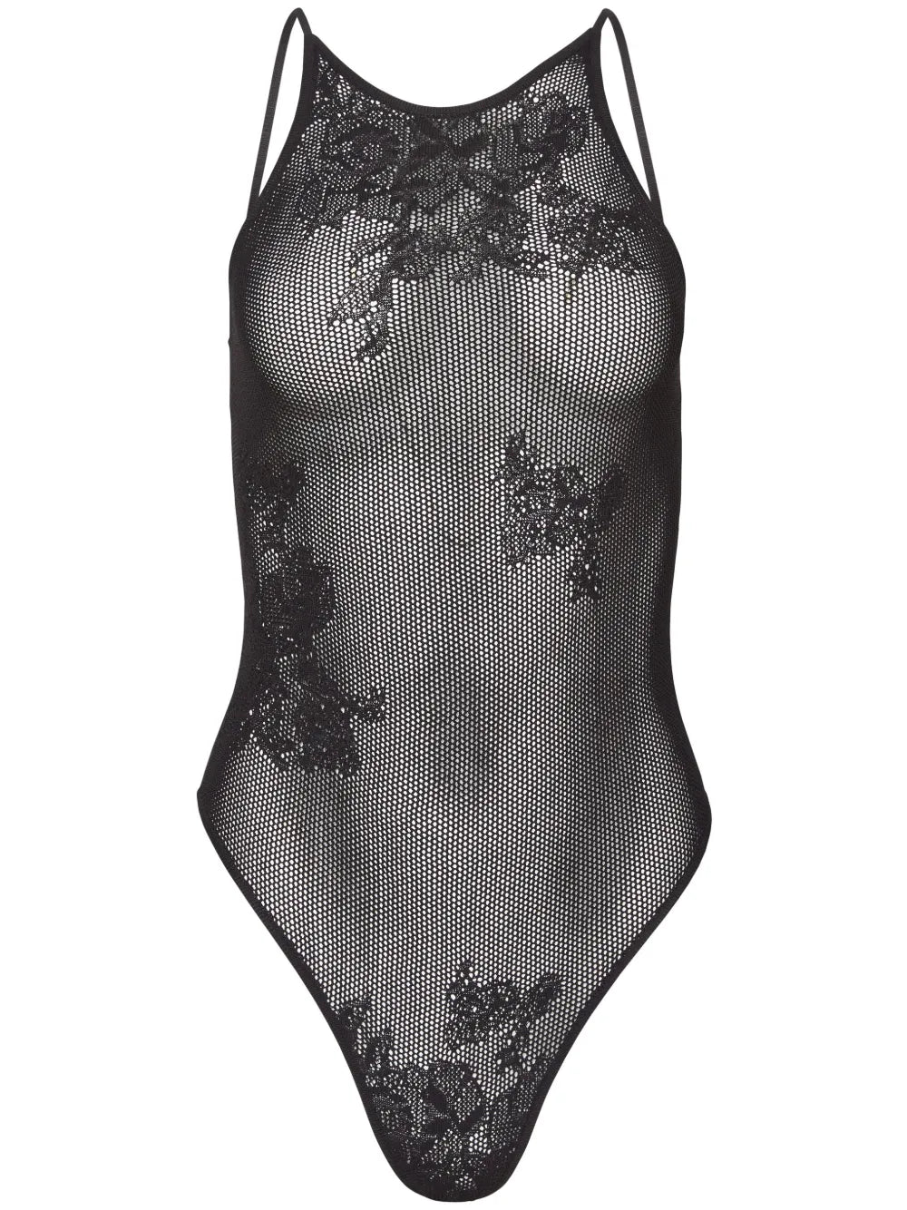 Pointelle-Knit Lace Racer Bodysuit