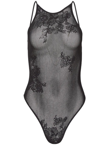 Pointelle-Knit Lace Racer Bodysuit