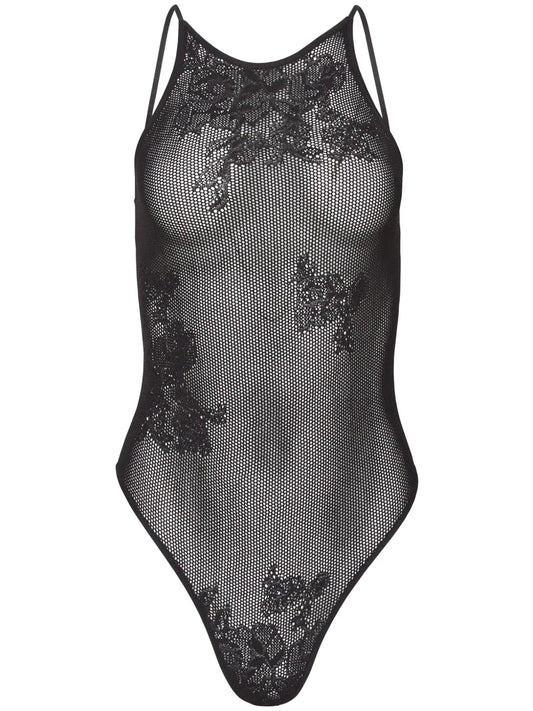 Pointelle-Knit Lace Racer Bodysuit