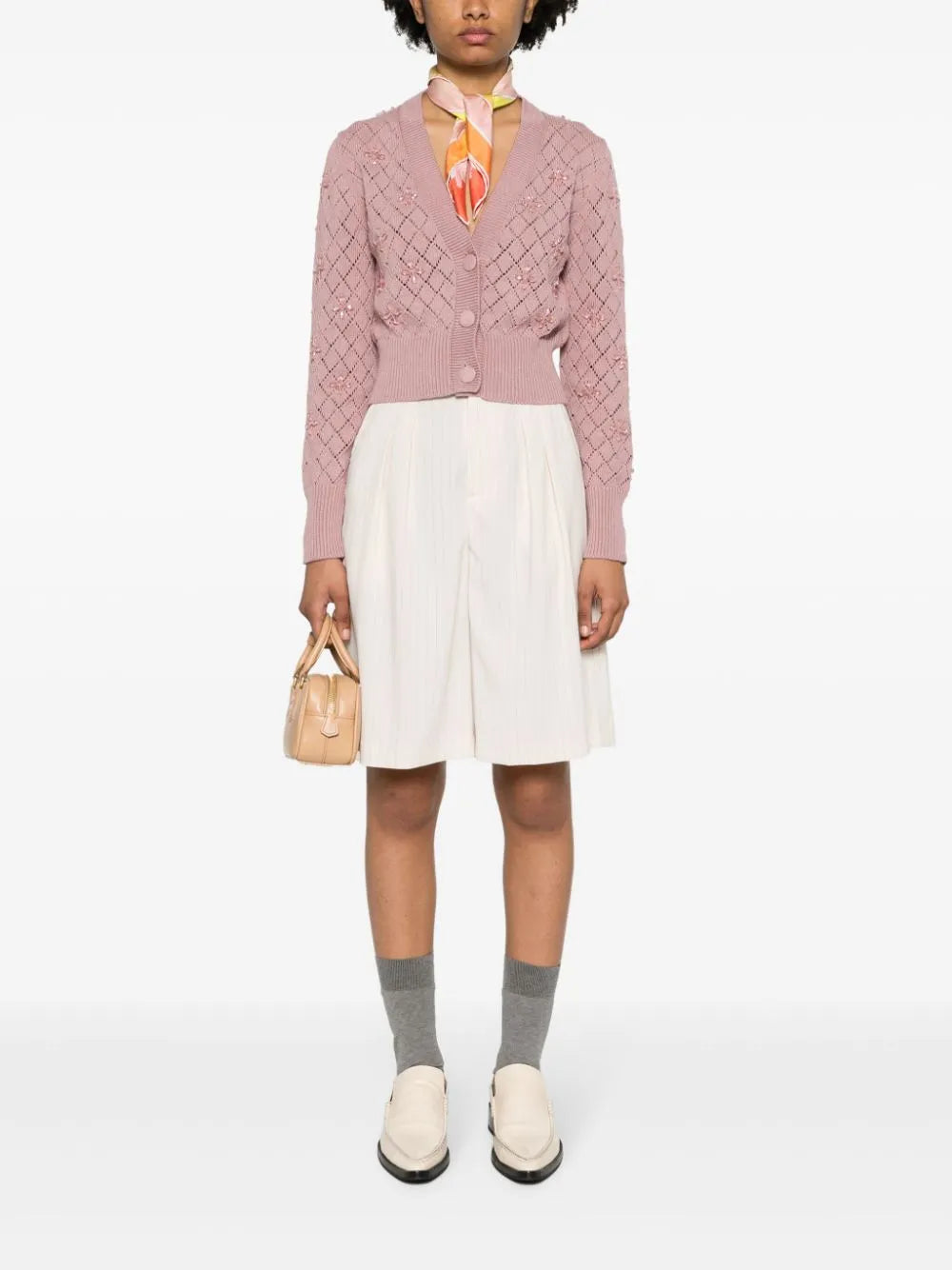 Bead-Embellished Pointelle-Knit Cardigan