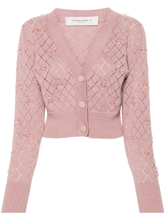 Bead-Embellished Pointelle-Knit Cardigan