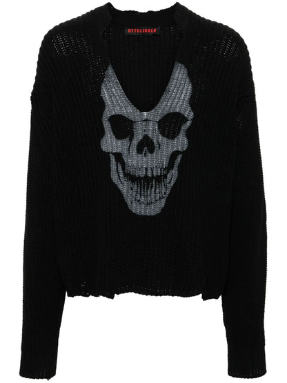 Skull-Print V-Neck Jumper