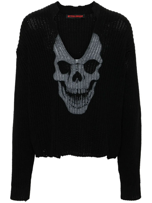 Skull-Print V-Neck Jumper