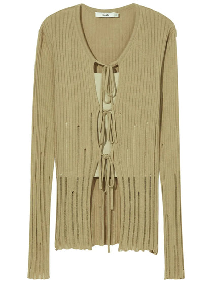 Distressed-Effect Ribbed-Knit Cardigan