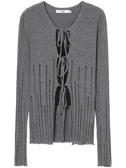 Distressed-Effect Ribbed-Knit Cardigan