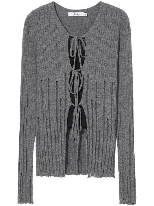 Distressed-Effect Ribbed-Knit Cardigan