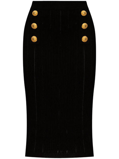 Decorative-Buttons Ribbed Pencil Skirt