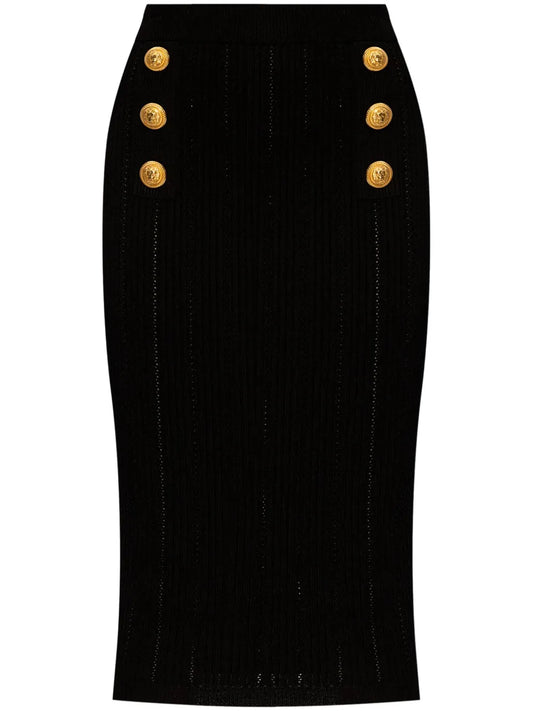 Decorative-Buttons Ribbed Pencil Skirt