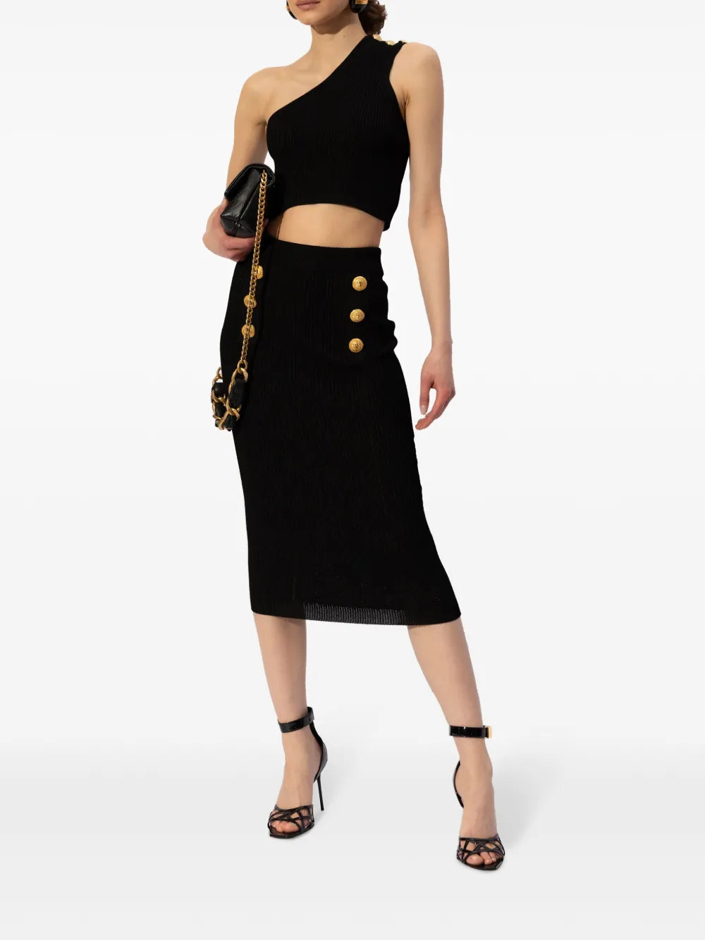 Decorative-Buttons Ribbed Pencil Skirt