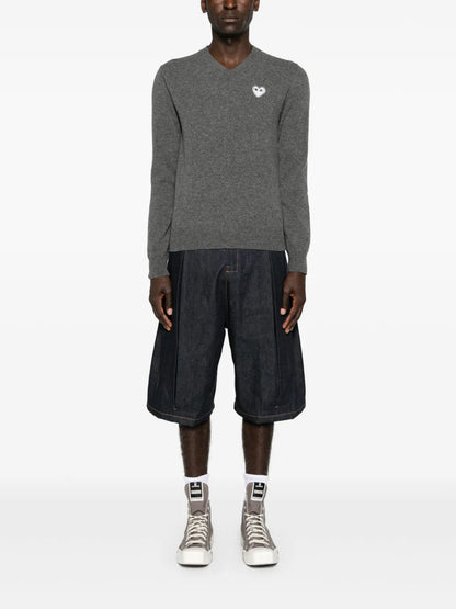 Heart-Patch V-Neck Wool Jumper