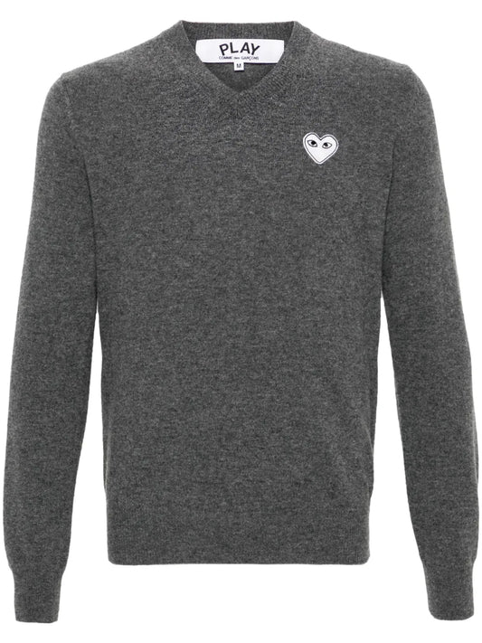 Heart-Patch V-Neck Wool Jumper
