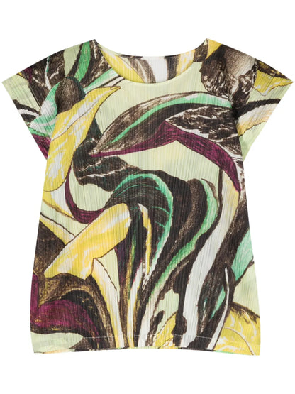 Abstract-Pattern Plissé Effect Blouse