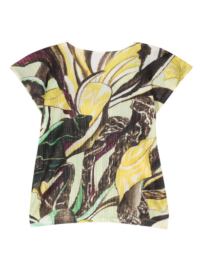 Abstract-Pattern Plissé Effect Blouse
