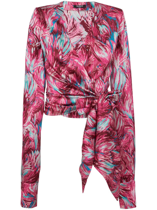 Feather-Print Silk Blouse