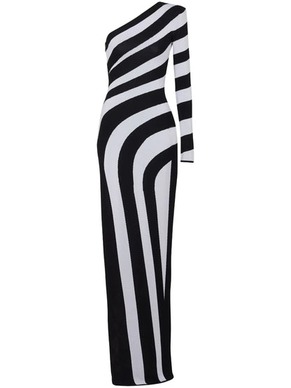 Striped One-Shoulder Gown