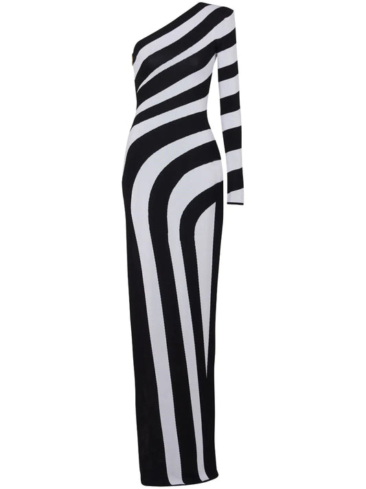 Striped One-Shoulder Gown