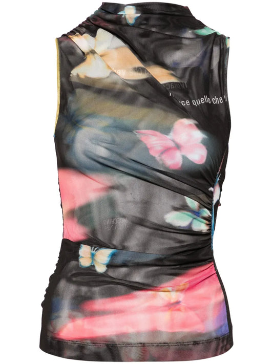 Butterfly-Print Mesh Tank Top