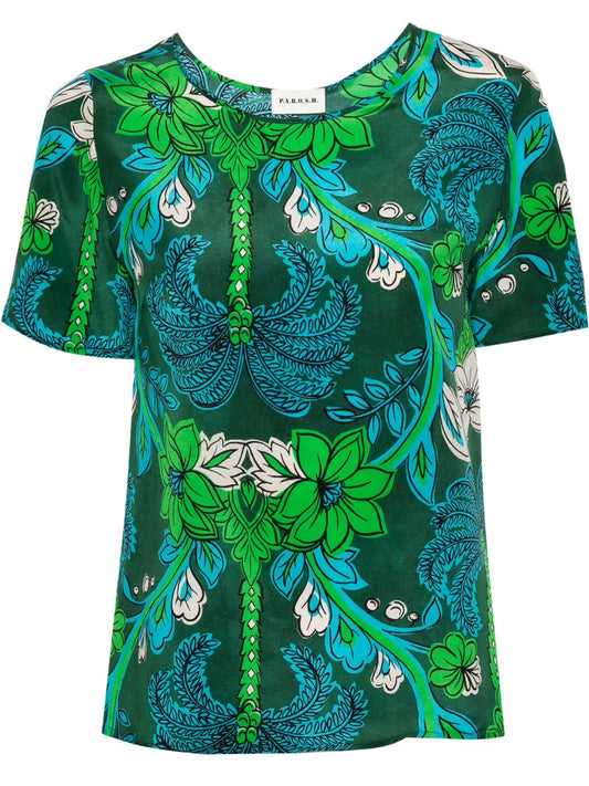 Floral-Print Silk T-Shirt