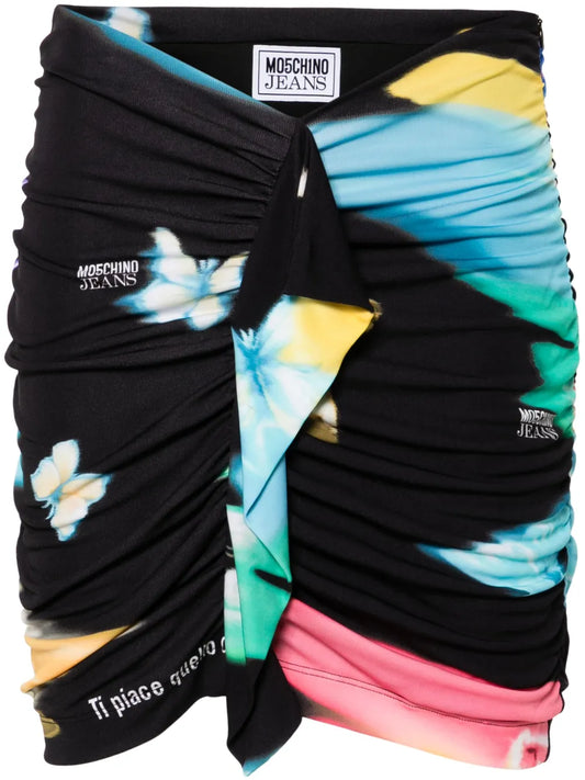 Butterfly-Print Ruffled Miniskirt