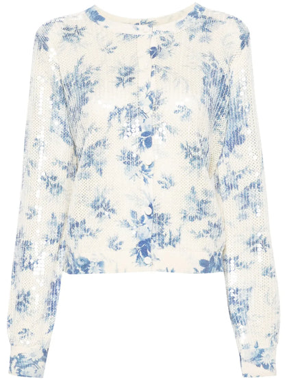 Floral-Print Oprn-Knit Cardigan
