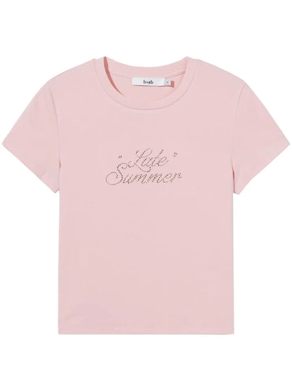 Rhinestone-Slogan Crew-Neck T-Shirt