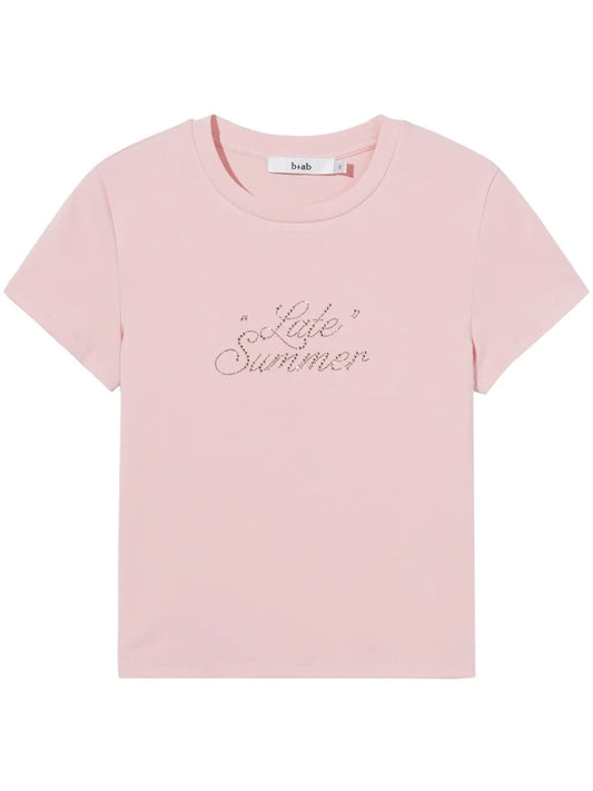 Rhinestone-Slogan Crew-Neck T-Shirt