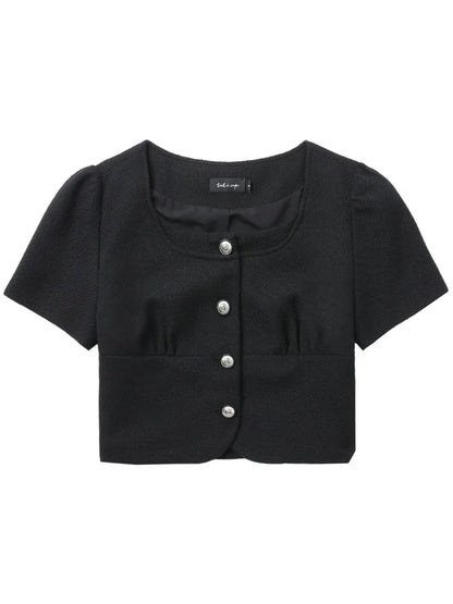 Gathered-Detail Button-Up Crop Top