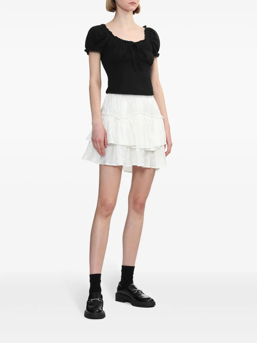 Puff-Sleeves Ruffle-Trim Blouse