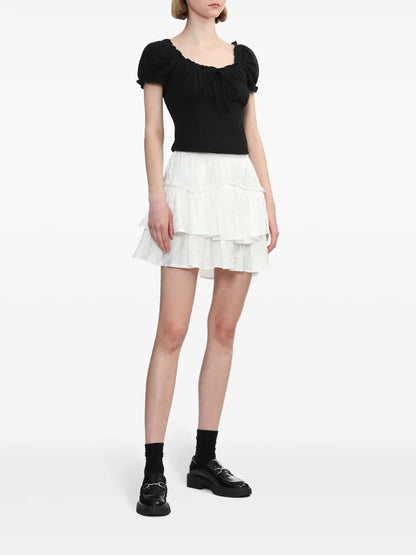 Puff-Sleeves Ruffle-Trim Blouse