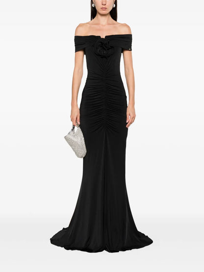 Floral-Appliqué Off-Shoulder Maxi Dress
