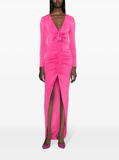 Floral-Appliqué Satin Maxi Dress