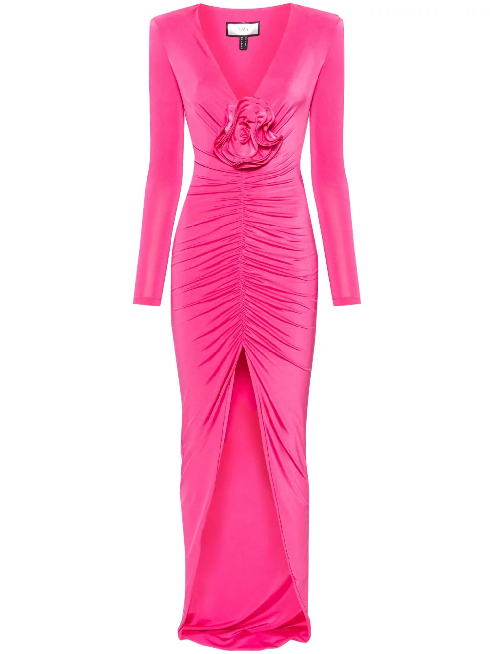 Floral-Appliqué Satin Maxi Dress