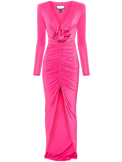 Floral-Appliqué Satin Maxi Dress