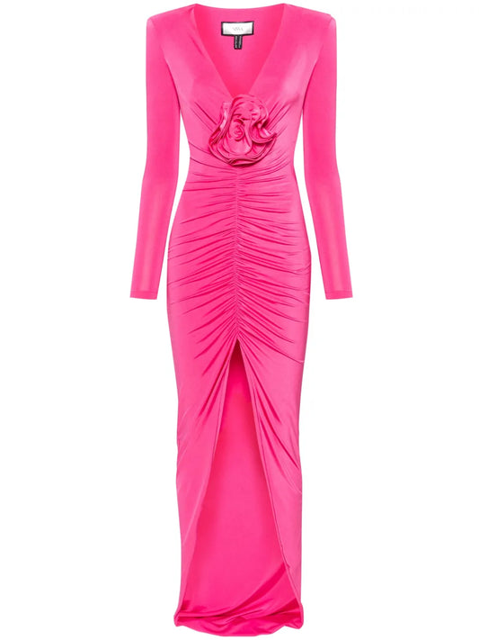 Floral-Appliqué Satin Maxi Dress
