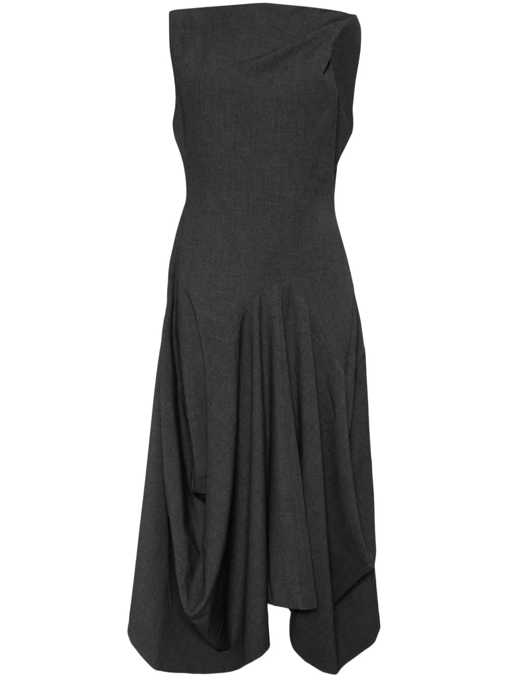 Twisted-Shoulder Structured Draping Midi Dress
