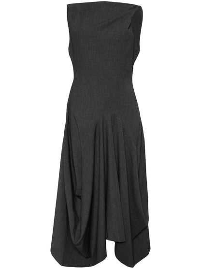 Twisted-Shoulder Structured Draping Midi Dress