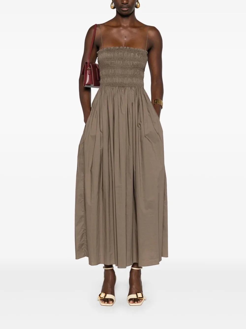 Shirred-Panel Poplin Midi Dress