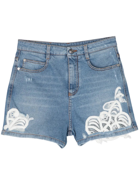 Lace-Panelling Denim Mini Shorts