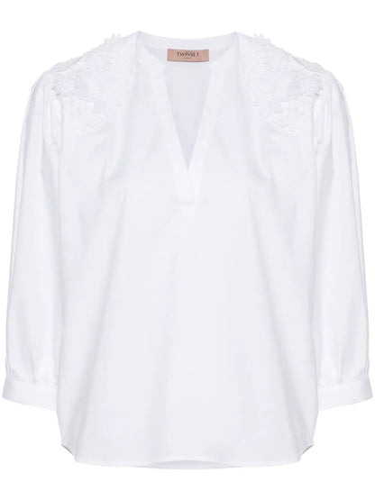 Floral Lace Appliqué Poplin Blouse