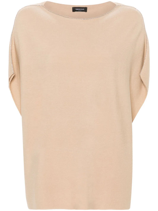Beaded-Trim Cotton Knitted Top