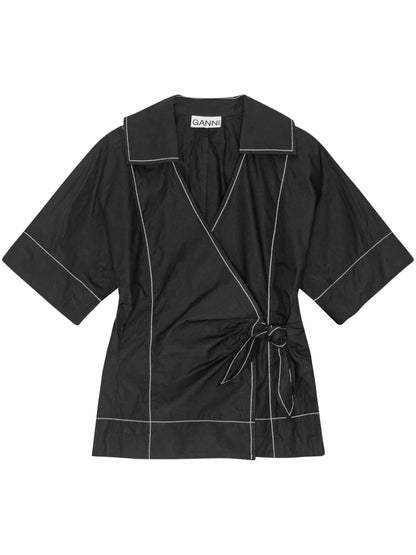 Contrast Piping Side-Tied Wrap Blouse