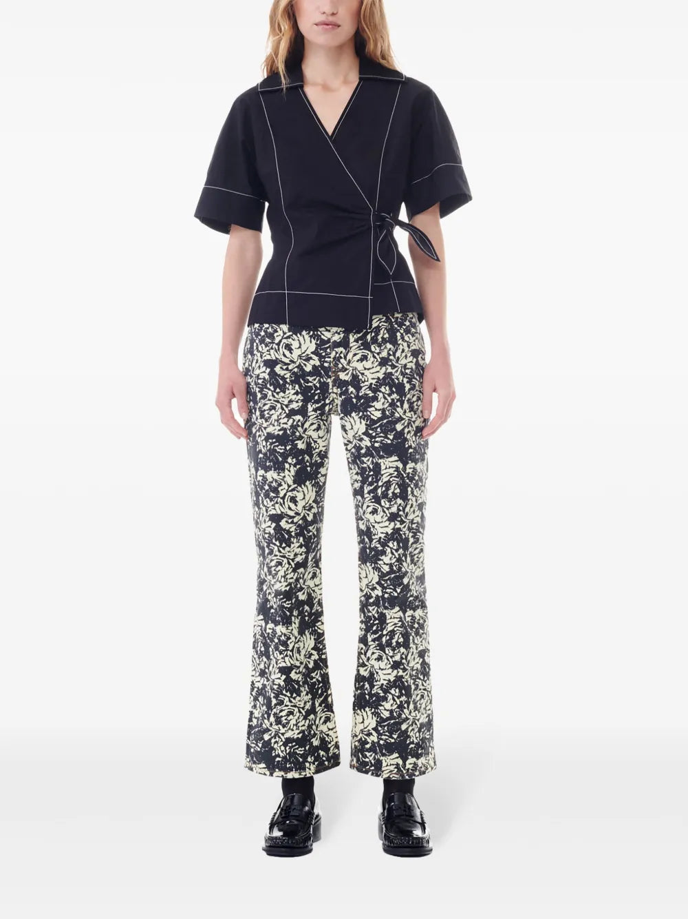 Contrast Piping Side-Tied Wrap Blouse