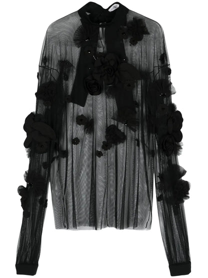 Floral-Embroidery Long-Sleeve Blouse