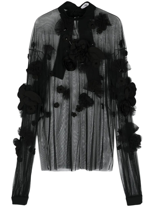 Floral-Embroidery Long-Sleeve Blouse