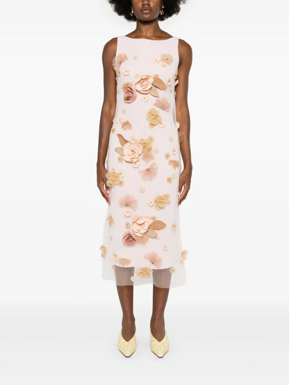 Floral-Appliqué Midi Dress