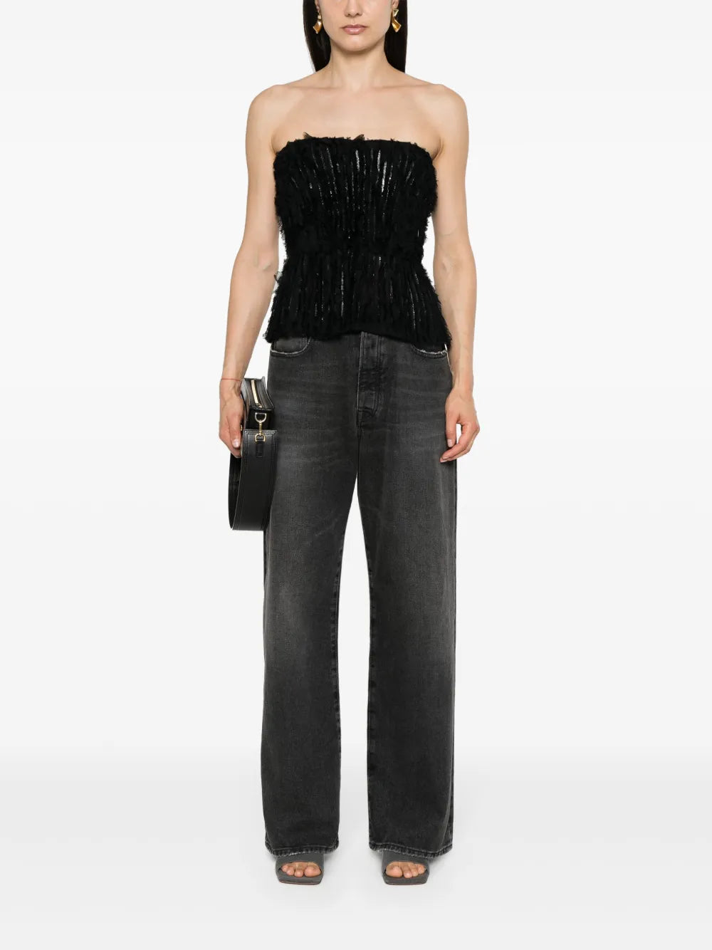 Sequin-Embellished Fringed Strapless Top